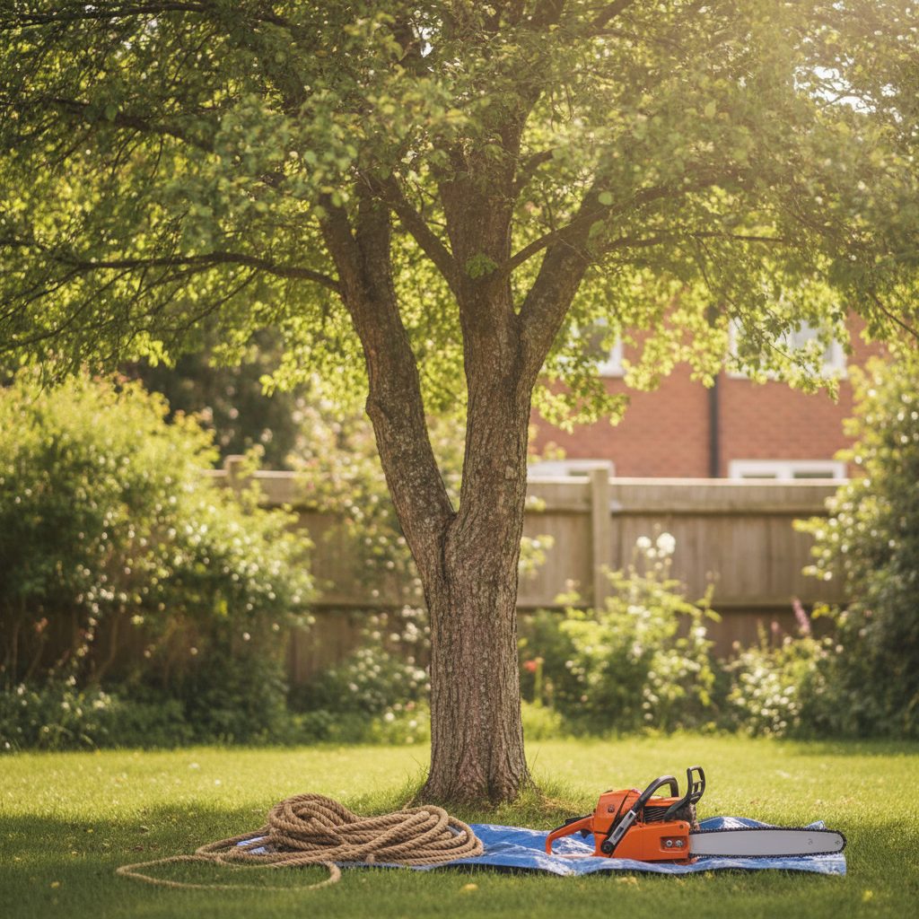 Tall healthy backyard tree with rope and chainsaw nearby